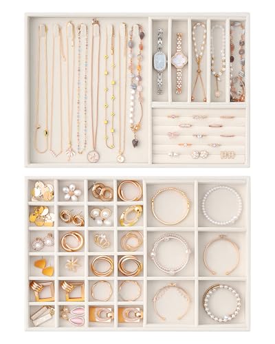 Lolalet Jewelry Drawer Organizer Inserts, Stackable Velvet Tray Jewelry Storage Organizers Set Display Cases for Necklaces Bracelets Earrings Rings Chains Bangles Watches, Mothers Day Gift - color: Beige, size: A4 Size, 2 Packs