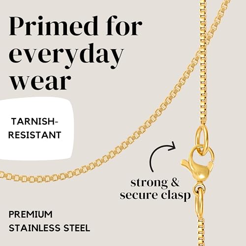 KISPER 24k Gold Box Chain Necklace – Thin, Dainty, Gold Plated Stainless Steel Jewelry for Women with Lobster Clasp - style: 20 inch