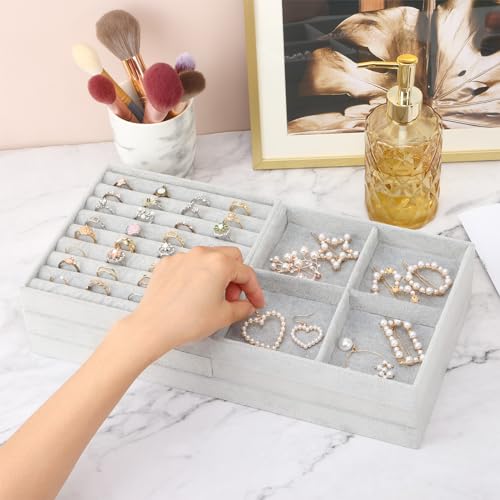 Fixwal Jewelry Organizers and Storage, 14in Stackable Jewelry Drawer Organizer, Set of 5 Jewelry Trays with Removable Dividers, Multi-Layer Tray for Earrings Necklaces Bracelets Watches, Grey