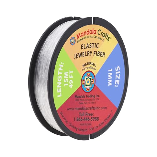 Mandala Crafts Very Strong 1mm Elastic String for Jewelry Making - 49 FT Heavy Duty Round Stretchy Clear String Jewelry Fiber Elastic Cord Spool for Decorative Threading Applications - size: 1mm 15M 49 Feet