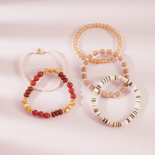 RISHEGAE Heishi Beaded Stretch Bracelets for Women Stackable Polymer Clay Beads Bracelets Friendship Boho Summer Beach Bracelet Jewelry Set - color: D-Brown Bracelet