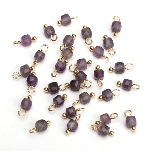 Beadia Natural Faceted Cube Stone Charms 4mm 30pcs with Untarnish Metal Accessories Loose Square Beads for DIY Jewelry Making - color: Amethyst
