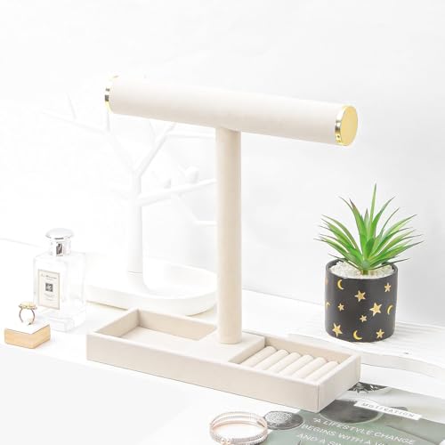 Multi-Use Jewelry Holder Stand, Necklace Bracelet Ring Organizer Stand, Scrunchie Watches Velvet Jewelry Holder Stand With Tray for Women Girls Home Use(Beige with Lid) - color: Beige+Lid