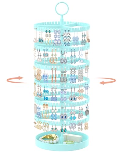 iDavosic.ly 6 Tier Rotating Earring Holder Organizer with Metal Tray, Adjustable Plastic Dangle Display Stands Tree with 342 Grooves, Large Hoop Storage Rack Tower, Blue - color: Aqua Blue, size: 6 Tiers
