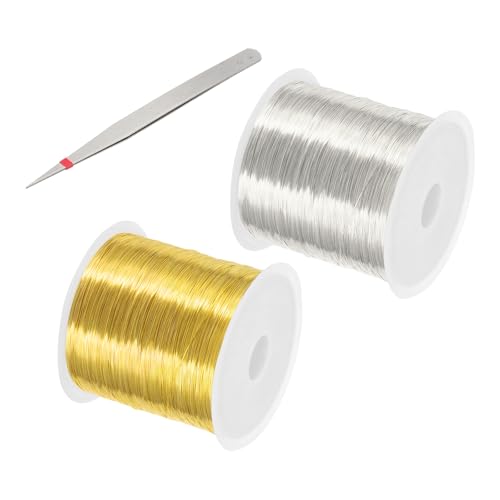 PATIKIL 26 Guage/ 0.4 mm 328 Feet Jewelry Craft Wire, 2 Pcs Copper Beading Wire with Plier for Beading Jewelry Making Supplies Earrings Bracelets Accessories Gardening, Silver/Gold - size: 328 feet x 26 Guage