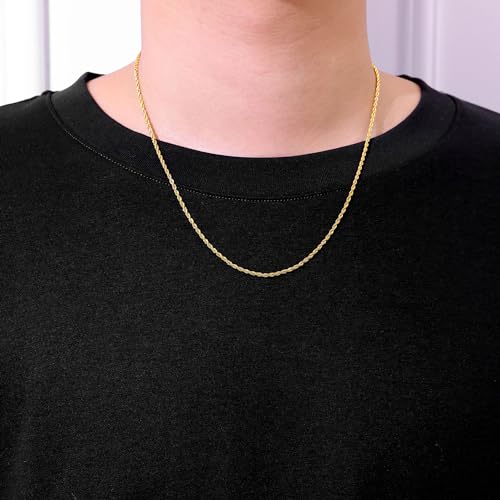 Fiusem 18K Gold Plated Rope Chain for Men, 18K Gold Plated/Black Chain Necklace, Stainless Steel Necklace for Men and Women, Jewelry Gifts - size: 24 Inches, style: Gold 2mm