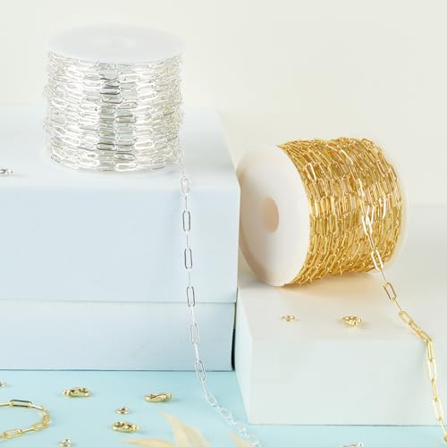 Kyutong 2 Rolls Paperclip Chain for Jewelry Making 32.8 Feet Jewelry Chain Links Silver and Gold Chains Bulk with Lobster Clasps and Jump Rings for DIY Craft Finding Jewelry Making Supplies - color: 2.8×7.6 Paperclip Chain