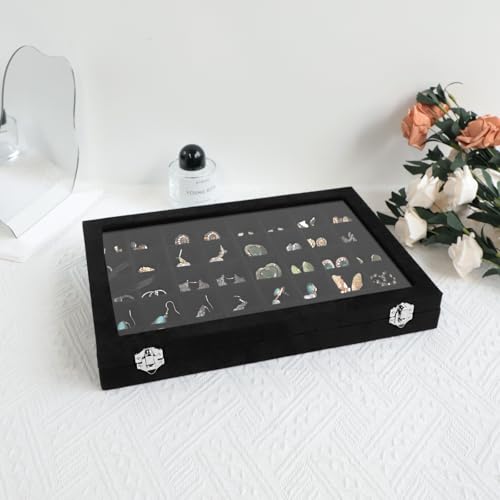 Wudygirl 40 Grid Jewelry Organizer Tray for Earrings Rings Bracelets Storage Necklaces Display Large Jewelry Box with Clear Lid Multiple Compartments Drawer Organization (Black Velvet) - style: 40 Grid Tray