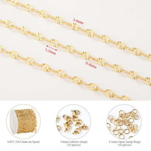 KYUNHOO 9.8 Feet Stainless Steel Jewelry Making Chains Gold Plated Chains Bulk Embossed Oval Chain Links with Lobster Clasps Jump Rings for Handcraft Making Supplies - color: Embossed Oval Gold