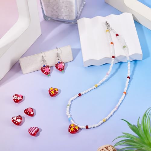 Valentines Heart Beads Cheriswelry 20Pcs Crystal Glass Heart Beads Red Hearts Pony Bead 13.5-14mm for Valentines Christmas Earring Bracelet Necklace Jewelry Making DIY Supplies - color: Print Heart