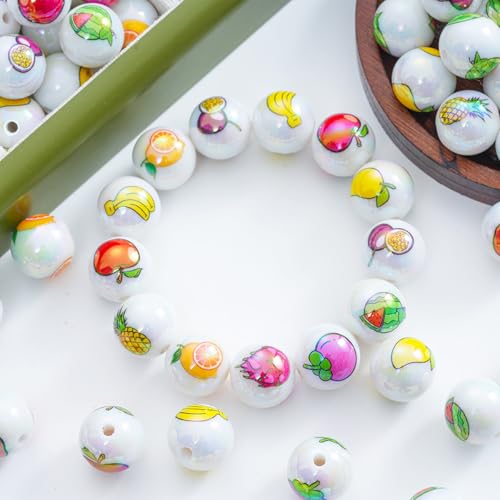 15Pcs Acrylic Beads Round 16mm UV Fruit Print Fit for DIY Jewelry Bracelet Necklace Keychain Beadable Pens Mobile Phone Chain Making Cute (Fruit-Mixed Color) - color: Fruit-Mixed color