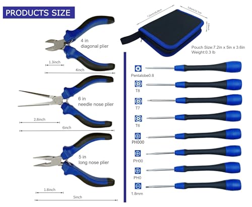Precision Repair Tool Set, 12-Piece Electronics & Jewelers Repair Kit with Precison Screwdrivers, Mini Pliers, Demagnetizer, Small Tool Kit for PC, Laptop, Phone Repair, Includes Compact Storage Pouch