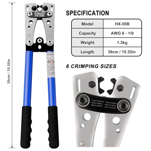 Sanuke Battery Cable Lug Crimping Tool, Cable Cutters High Leverage, Wire Crimper for AWG 8 6 4 2 1/0 Copper Wire Lugs, Aluminum Copper Communication Cables Cutting