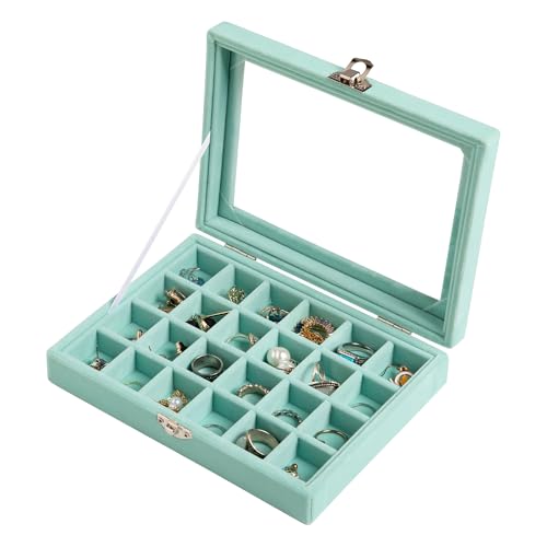 Frebeauty 24 Grid Jewelry Tray,Velvet Stud Earring Organizer,Small Jewelry Organizer with Clear Lid,Lockable Earring Holder Organizer Jewelry Boxes & Organizer Ring Holder for Women & Girls(Turquoise) - color: Turquoise