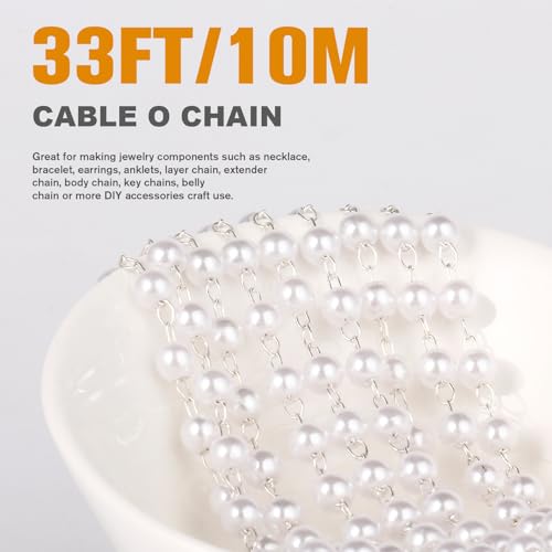 33 Feet Silver Pearl Beads Chains Roll, 5mm Faux Pearls Beaded Silver Plated Brass Cable Link Chain Spool Bulk for Jewelry Making DIY Craft - color: 5.0MM Silver Color