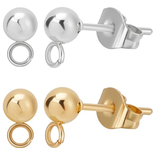 Beebeecraft 100Pcs 2 Colors Ball Stud Earring Findings 24K Gold&925 Sterling Silver Plated 304 Stainless Steel Round Post with Loop for Dangle Earring Jewelry Making DIY - color: 24k Gold & Silver, size: 4mm Ball