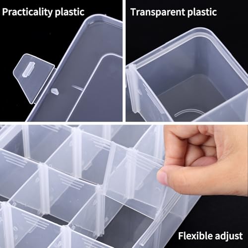SGHUO 2 Pack 15 Girds Bead Organizer, Large Clear Plastic Organizer Box with Adjustable Dividers for Beads, Art DIY, Crafts, Jewelry, Fishing Tackle with Label Stickers - size: 2pcs