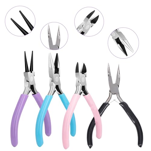 4 Pack Jewelry Pliers Tool Set, Jewelry Making Kit Includes Round, Chain, Needle, Wire Cutters and Bent Nose Pliers for Jewelry Beading Repair Making Supplies