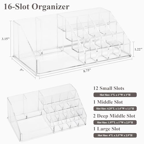 Sea Team 16-Slot Acrylic Plastic Lipstick Organizer, Clear Lipstick Holder, Makeup Storage Box, Cosmetic Display Case for Lippie, Lip Gloss, Eye Liner, Eyebrow Pencil, Nail Polish, Essence, Brush - size: 16 Lipstick Slots