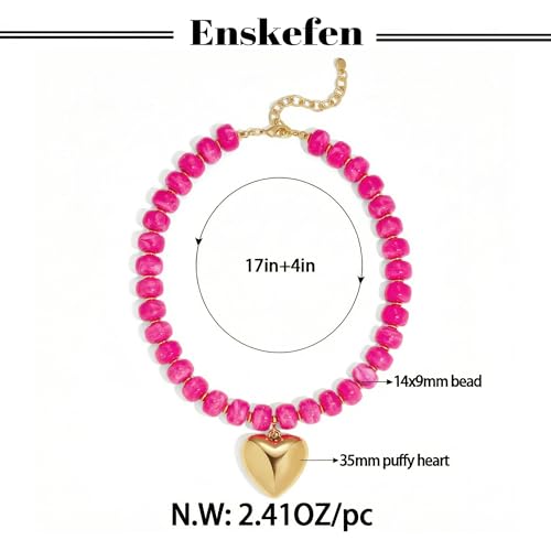 Gold Heart Pendant Necklaces for Women Colorful Acrylic Resin Beaded Choker Necklace Fashion Chunky Statement Beaded Heart Necklace - color: Rose red
