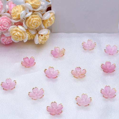 50Pcs Cherry Blossom Acrylic Flower Beads, Mini Floral Spacer Beads for Jewelry Making 5-Petal Gradient Flower Bead Gold-Plated Flowers Bead Charms for Bracelets (Pale Pink Gradient) - color: Pale Pink Gradient