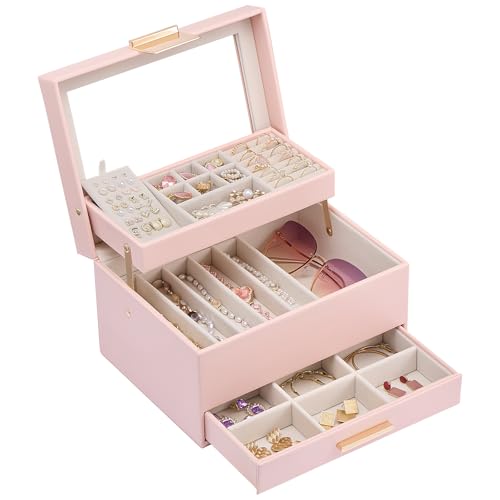Lolalet Jewelry Box, Clear Window Jewelry Organizer with Drawer for Earrings Bracelets Necklaces Rings, Jewelry Storage for Women -Pink, 3 Layers - color: Pink, size: 3 Layers