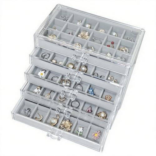 Acrylic Earring Holder Organizer with 5 Drawers Clear Earring Organizer Box with 90 Adjustable Grids Velvet Earring Display Case Jewelry Organizer for Earrings Rings Studs (Grey) - color: Grey
