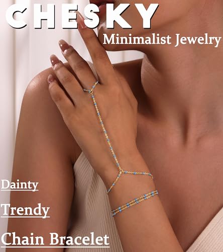CHESKY 14K Gold Plated Hand Chain Bracelets for Women Set - Dainty Finger Ring Bracelet Stack Adjustable Hand Chains Durable Beaded Bracelets Trendy Simple Body Jewelry Gift for Women - style: 3color bracelet-gd