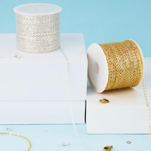 Kyutong 65.6 Feet Stainless Steel Jewelry Making Chains Bulk on Spool 2 Rolls Cross Cable Chain Links Gold Silver Craft Jewelry Supplies with Lobster Clasps Jump Rings for DIY Handcraft - color: Cable Chain