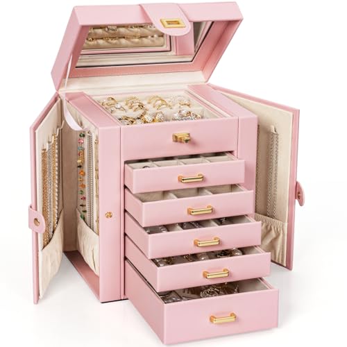 AKOZLIN Large Jewelry Box Organizer Functional with Big Mirror, Leather Jewelry Storage Case for Women Girls Ring Necklace Earring Bracelet Holder Organizer - color: Light Pink, size: Regular