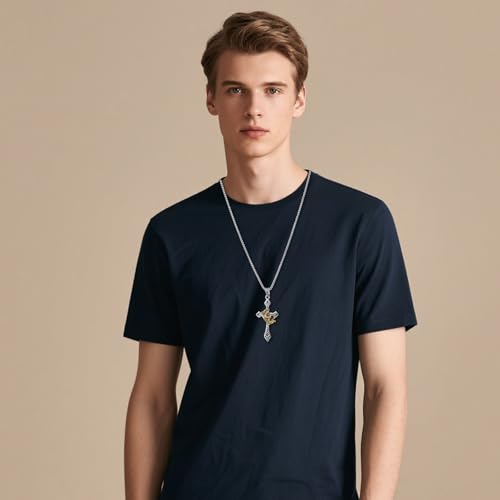 Stainless Steel Cross Necklace for Men, 24 Inch Crown Cross Chain Elegant Religious Jewelry Gift Non-Detachable Crown for Him