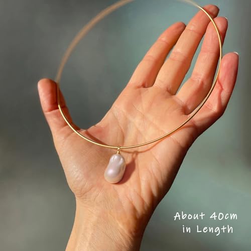 Aobei Pearl 18K Gold Plated Cuff Choker Necklace for Women Chunky Wire Chain Collar Jewelry - style: Round Wire Baroque Pearl