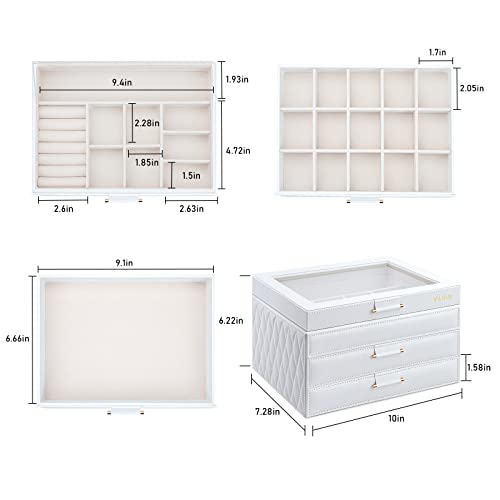 Jewelry Box with Glass Lid, Jewelry Organizer Box 3-Layer with 2 Drawers, Jewelry Boxes for Women Storage Earring Necklace Watch Bracelet and Rings - White - color: White 3-Layer