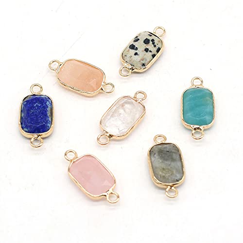 LHJ 7 Pcs Natural Stone Connectors Rectangle Shape Healing Crystal Double Loop Charms for Jewelry Making Necklace Bracelet