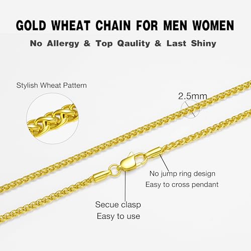 2.5mm/3mm/4mm Silver/Gold Stainless Steel Wheat Chain Necklace Jewelry for Men Women - size: 26 Inches, style: 2.5mm-Gold