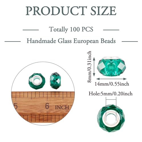 100pcs 14mm Large Hole Glass Beads Dark Cyan European Beads Lampwork Loose Spacer Beads for Christmas DIY Craft Snake Chains Charms Bracelet Necklace Earring Making Hole: 5mm - color: Dark Cyan