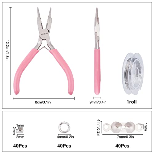 SUNNYCLUE Jewelry Pliers Making Supplies Kit Round Nose Pliers 32Feet Copper Jewelry Wire 40pcs Jump Rings 40pcs Crimp Beads & 40pcs Bead Tips for Jewelry Pliers Findings - color: Pink 4.8 Inch With Jewelry Making Supplies