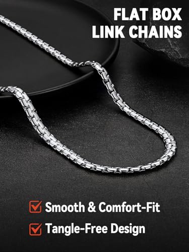 FaithHeart Mens Black/Silver/Gold Stainless Steel Flat Box Link Chain Necklace, Stylish 2/4/6/8mm Width Box Chains Necklaces for Men Non Tarnish Hip Hop Chain Jewelry Gifts,14"-30" Length - color: 2mm Width-Classic Silver, size: 22 Inches Length