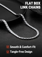 FaithHeart Mens Black/Silver/Gold Stainless Steel Flat Box Link Chain Necklace, Stylish 2/4/6/8mm Width Box Chains Necklaces for Men Non Tarnish Hip Hop Chain Jewelry Gifts,14"-30" Length - color: 2mm Width-Classic Silver, size: 28 Inches Length