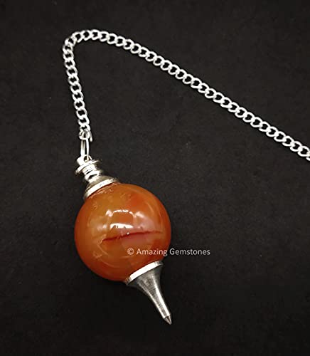 Amazing Gemstone Carnelian Crystal Ball Pendulum for Divination - Dowsing Pendulum Necklace with Chain and Quartz Bead for Reiki Healing and Crystal Grid Meditation - color: Carnelian