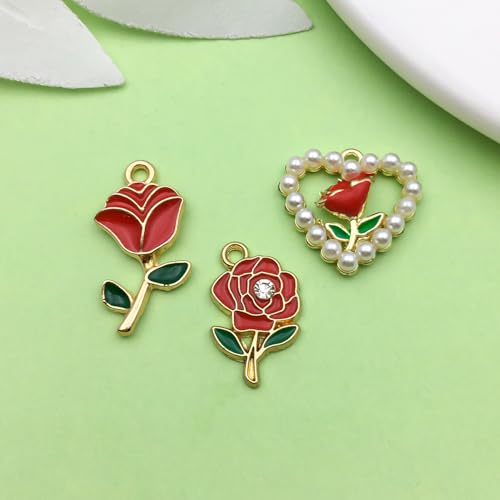 Sailanzi 20pcs Alloy enamel Valentine's Day series rose set Pendant Jewelry Making DIY Keychain Earrings Pendant Various Design Charms for Jewelry Making Bracelets Necklace (SN785) - color: SN785