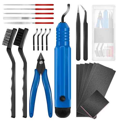Deburring Tool 3D Printing, 3D Printer Deburring Tool with 4 Blades for Metal, Plastic, Resin/PLA – Includes Flush Cutter, Sanding Sponge, Sand Paper, Tweezers, Cleaning Brushes & Diamond Files