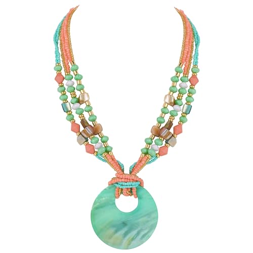 Coiris Shell Pendant Statement Strand Necklace for Women Boho Multi Beads Natural Stone Colorful Necklace Bohemian Handmade Chunky Shell Beaded Collar Jewelry for Women - color: Teal
