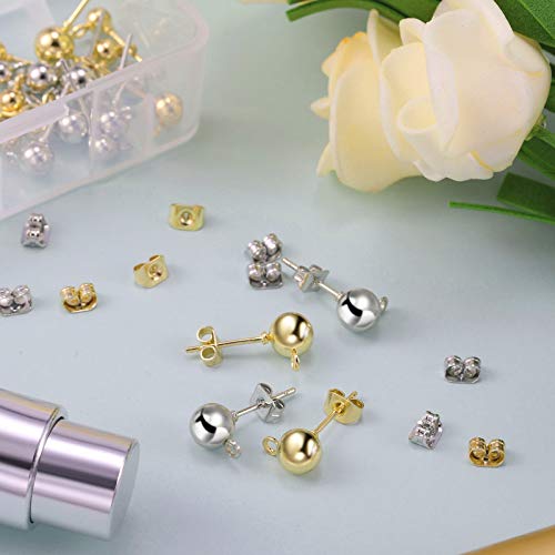180 Pieces Ball Post Earring Stud with 200 Pieces Butterfly Back Earrings with Loop for DIY Jewelry Making Findings, 4 mm 5 mm 6 mm(Silver, Gold) - color: Silver, Gold
