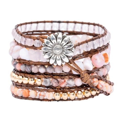 YGLINE Women Boho Handmade Natural Stone Crystal Leather Bead Wrap Bracelets Collection - color: Rose Quartz