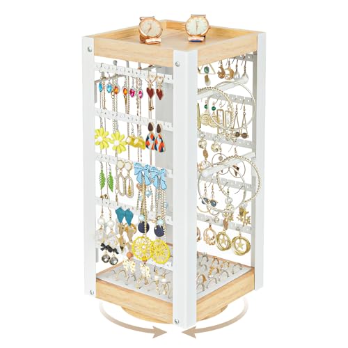 keomaisyto Earring Holder Organizer, Rotating Jewelry Holder with Ring Tray/Bracelet/Necklace Hooks, 360°Earring Organizer with Stable Bamboo Base for Jewelry Display, White - color: White & Grey