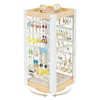 keomaisyto Earring Holder Organizer, Rotating Jewelry Holder with Ring Tray/Bracelet/Necklace Hooks, 360°Earring Organizer with Stable Bamboo Base for Jewelry Display, White - color: White & Grey