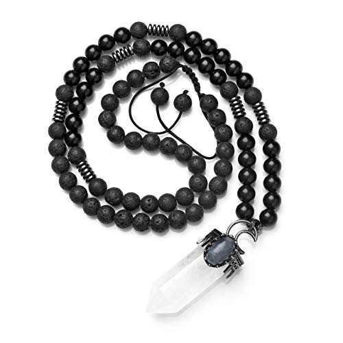 Top Plaza Natural Stone Healing Crystal Clear Quartz Hexagonal Pointed Gemstone Pendant Necklace Crescent Moon Jewelry Adjustable Lava Rock Beads Necklaces for Women Men