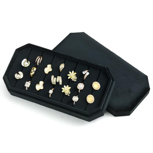 TAIMY Velvet Ring Display Tray Organizer – Soft Jewelry Storage Box for Rings, Elegant Velvet Holder for Jewelry Showcase, Counter or Home Use (Black) - color: Black