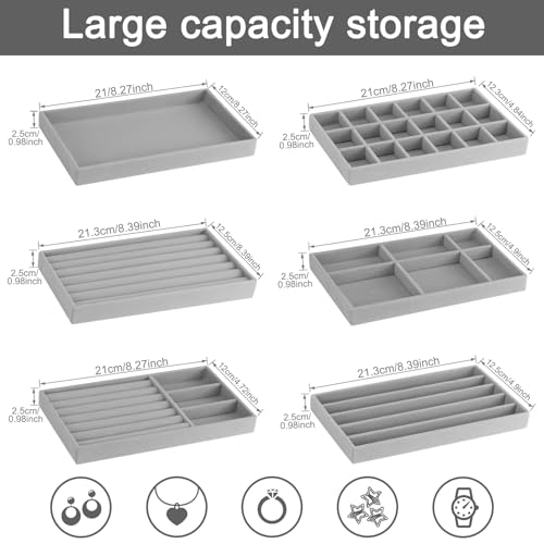 12Pcs Velvet Stackable Jewelry Trays, Jewelry Drawer Organizer, Large Removable Display Jewelry Tray, Necklace Bracelet Storage Box for Earring, Ring, Brooch, Watch (Grey) - color: Grey